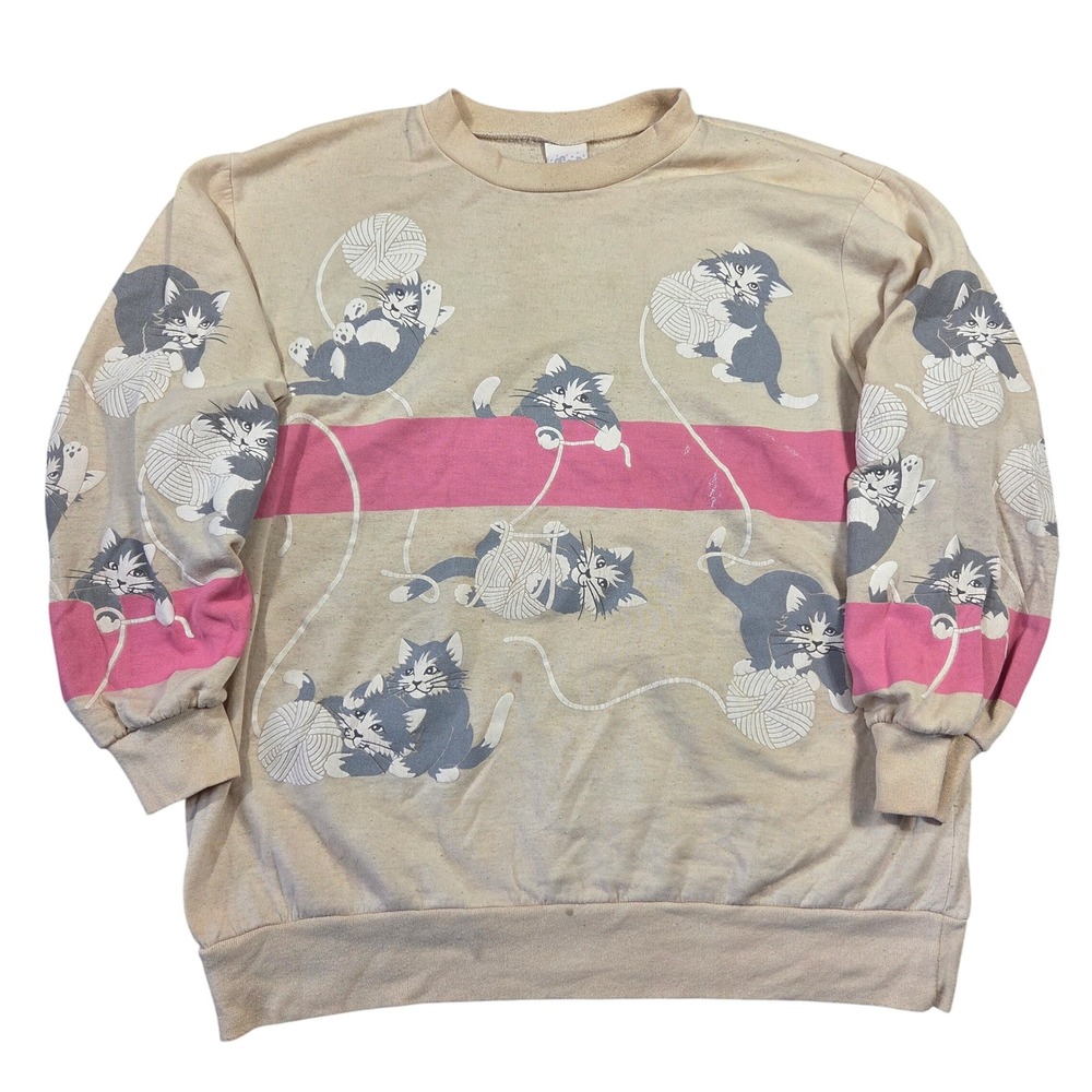 Vintage Scoop NYC Cat Yarn Pink Stripe Sweatshirt Womens L Retro Kitty Made USA